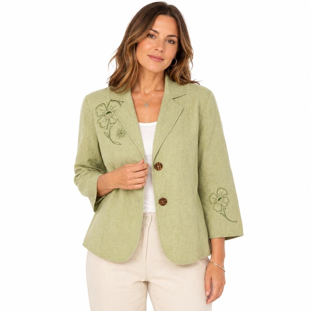 NEW Vtg Requirements Size L Linen Cotton Embroidered Blazer Jacket Celery Green
